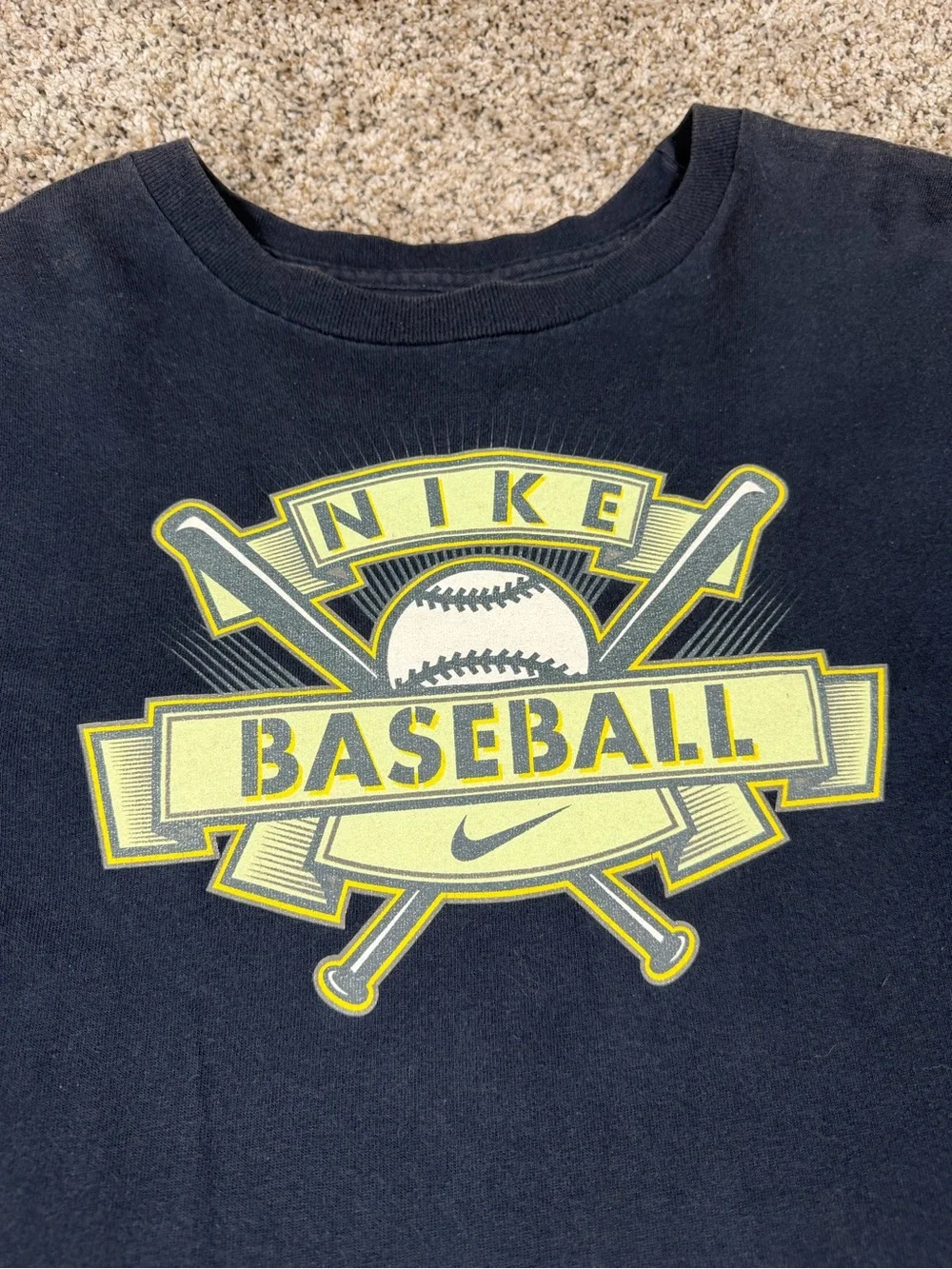 Y2K Sz XL Youth Nike Boys Navy Tee with Yellow Baseball Graphic Center Swoosh